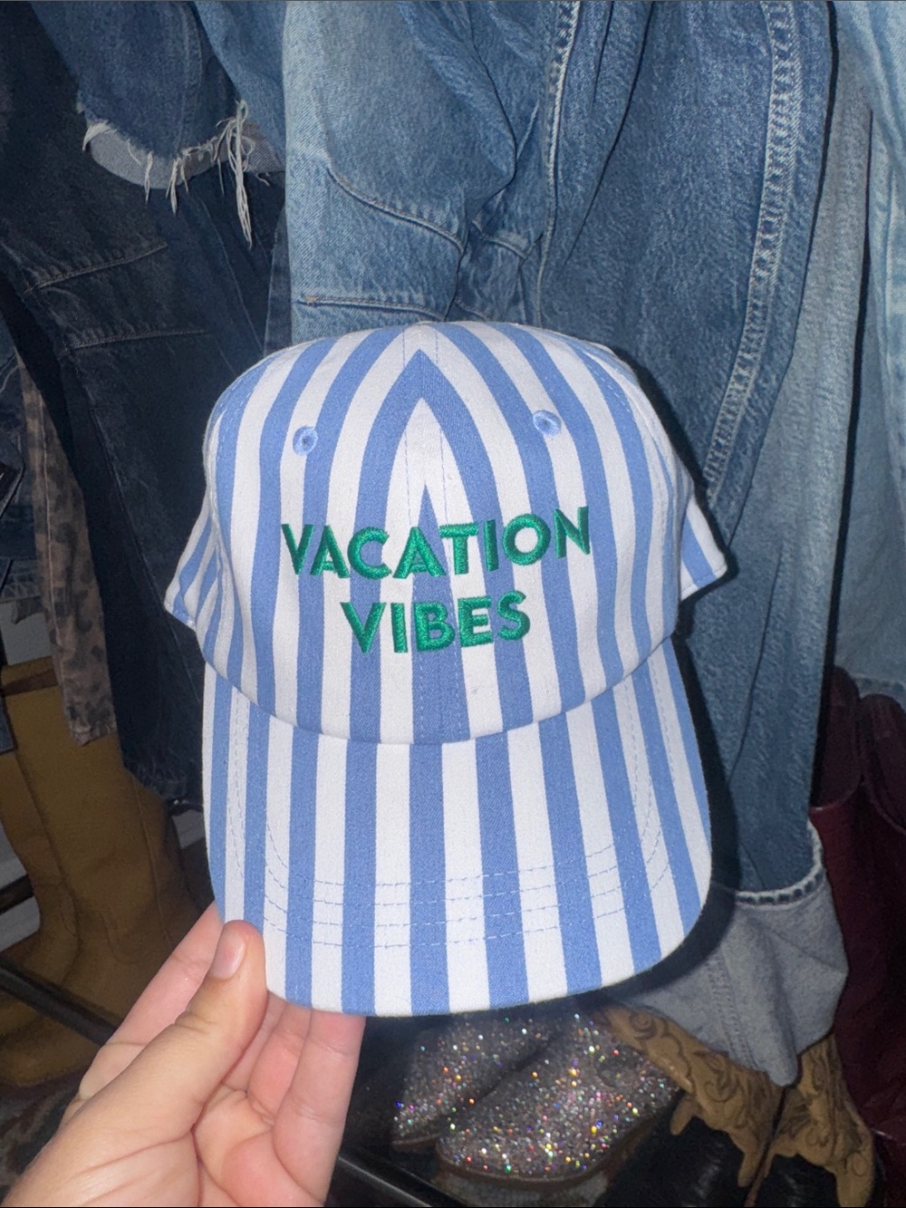 Old Navy Blue & White Striped Kids Baseball Cap with Green Embroidery